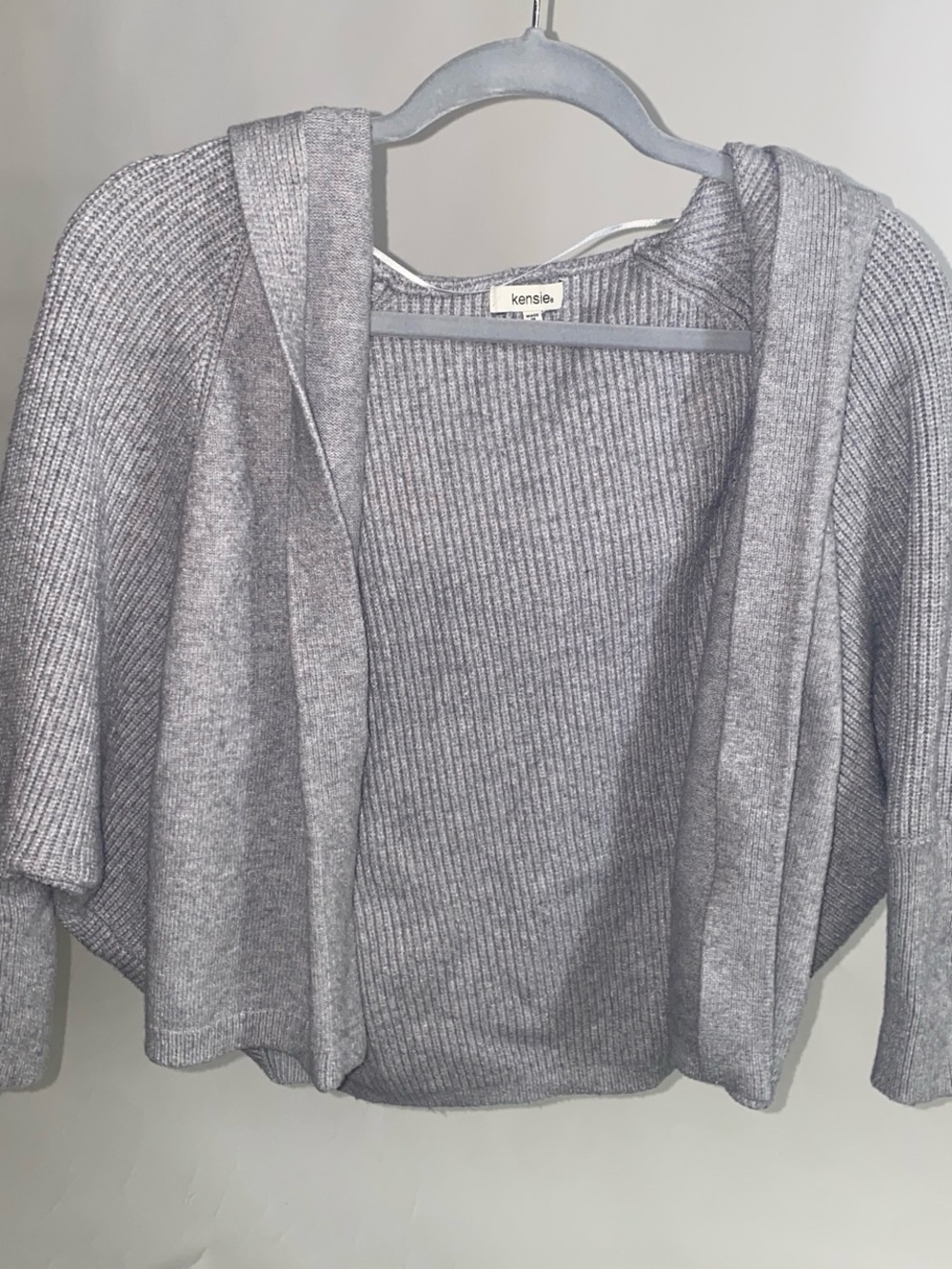 Kensie Light Gray Ribbed Open Front Hooded Cardigan